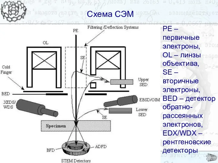 Схема СЭМ Схема СЭМ PE – первичные электроны, OL – линзы объектива, SE