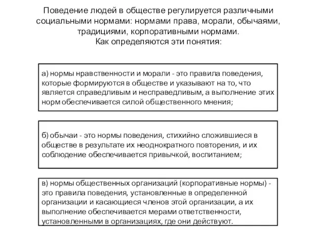 Поведение людей в обществе регулируется различными социальными нормами: нормами права,