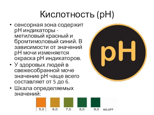 Кислотность (рН) сенсорная зона содержит рН индикаторы - метиловый красный и бромтимоловый синий.