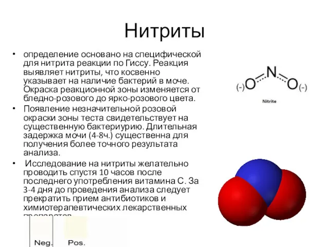 Нитриты определение основано на специфической для нитрита реакции по Гиссу. Реакция выявляет нитриты,