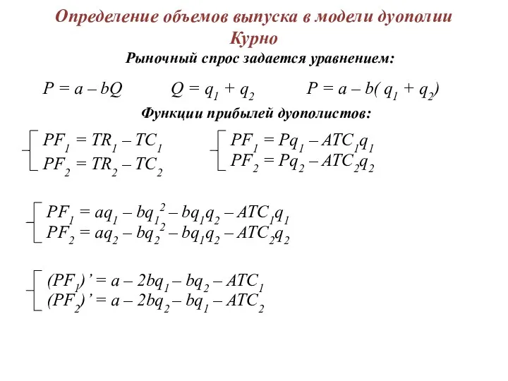 Определение объемов выпуска в модели дуополии Курно P = a