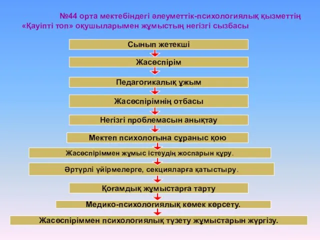 №44 орта мектебіндегі әлеуметтік-психологиялық қызметтің «Қауіпті топ» оқушыларымен жұмыстың негізгі