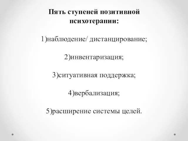 Пять ступеней позитивной психотерапии: 1)наблюдение/ дистанцирование; 2)инвентаризация; 3)ситуативная поддержка; 4)вербализация; 5)расширение системы целей.