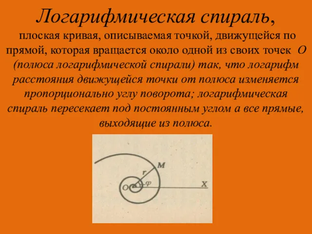 Логарифмическая спираль, плоская кривая, описываемая точкой, движущейся по прямой, которая вращается около одной