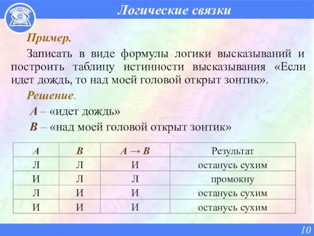 Логические связки Пример. Записать в виде формулы логики высказываний и