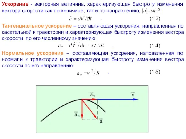 Ускорение - векторная величина, характеризующая быстроту изменения вектора скорости как