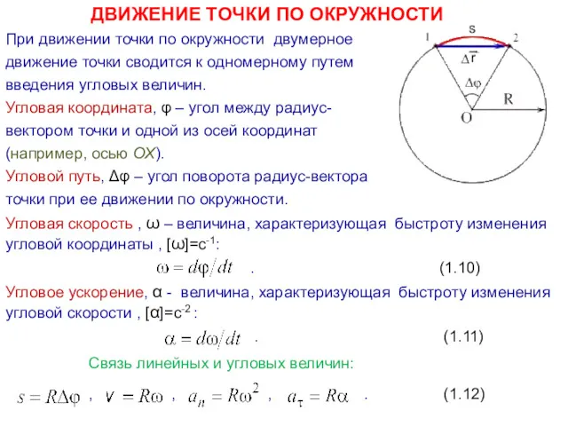 ДВИЖЕНИЕ ТОЧКИ ПО ОКРУЖНОСТИ При движении точки по окружности двумерное