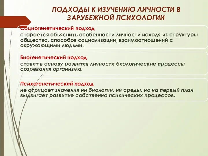 ПОДХОДЫ К ИЗУЧЕНИЮ ЛИЧНОСТИ В ЗАРУБЕЖНОЙ ПСИХОЛОГИИ Социогенетический подход старается