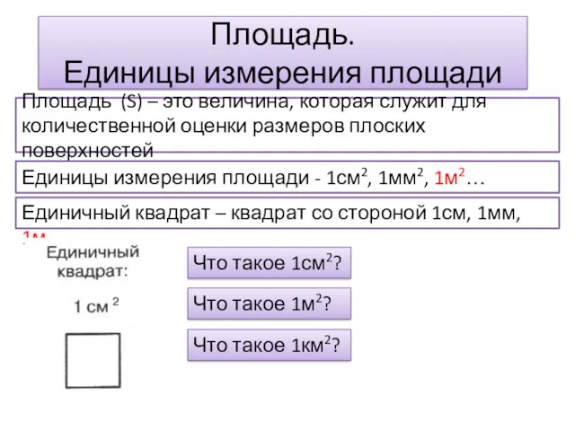 Площадь. Единицы измерения площади Площадь (S) – это величина, которая служит для количественной