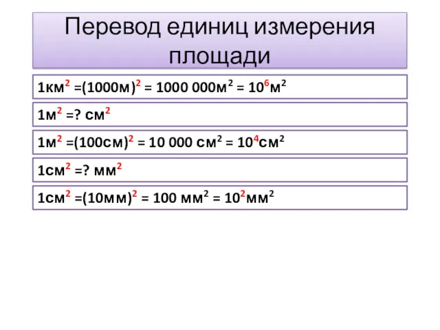 Перевод единиц измерения площади 1км2 =(1000м)2 = 1000 000м2 = 106м2 1м2 =(100см)2