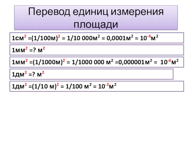 Перевод единиц измерения площади 1см2 =(1/100м)2 = 1/10 000м2 = 0,0001м2 = 10-4м2