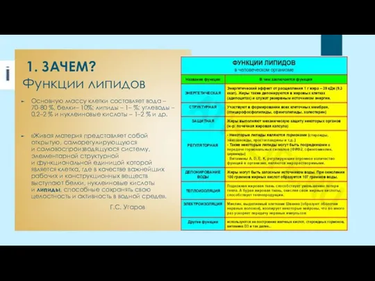 1. ЗАЧЕМ? Функции липидов Основную массу клетки составляет вода –