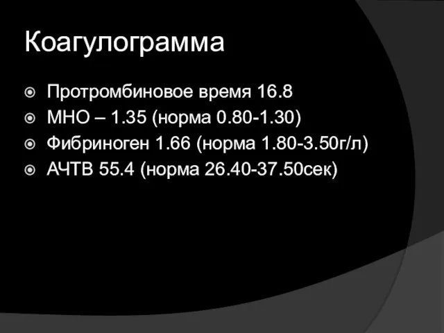 Коагулограмма Протромбиновое время 16.8 МНО – 1.35 (норма 0.80-1.30) Фибриноген