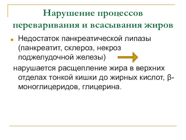 Нарушение процессов переваривания и всасывания жиров Недостаток панкреатической липазы (панкреатит,