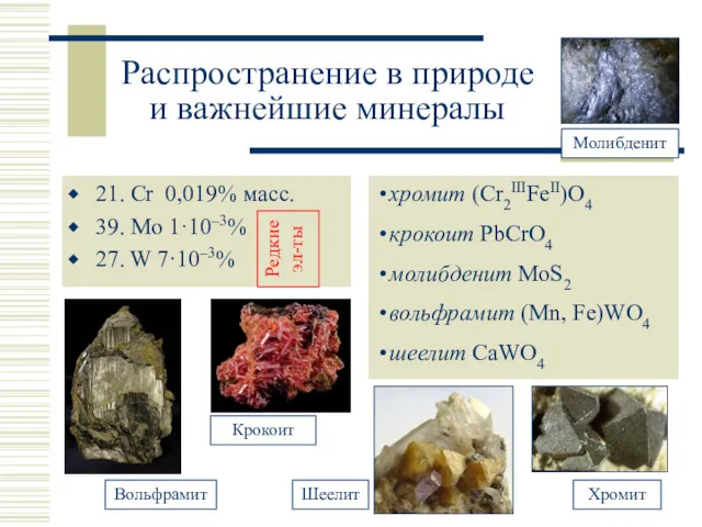 Распространение в природе и важнейшие минералы 21. Cr 0,019% масс. 39. Mo 1·10–3%