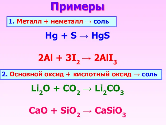 Примеры 1. Металл + неметалл → соль Hg + S