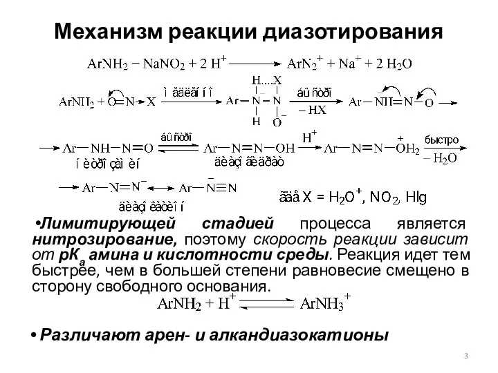 Механизм реакции диазотирования Лимитирующей стадией процесса является нитрозирование, поэтому скорость