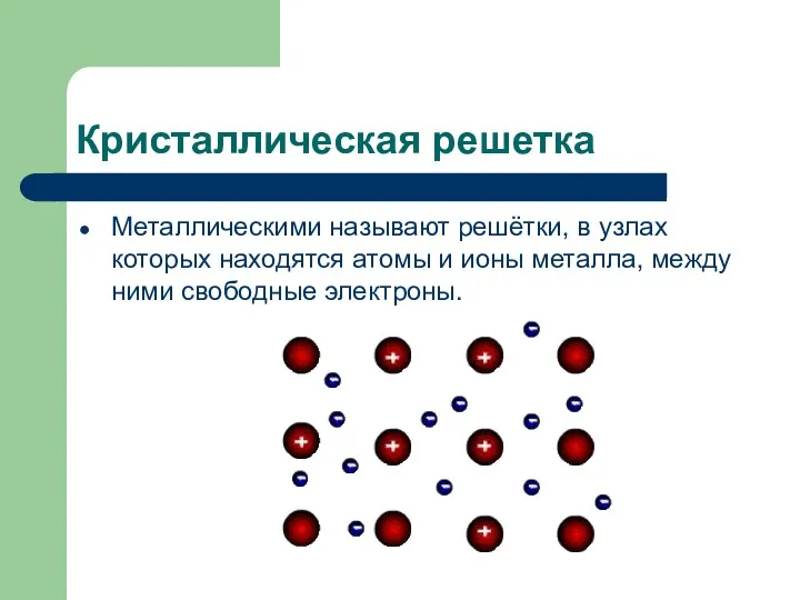 Кристаллическая решетка Металлическими называют решётки, в узлах которых находятся атомы