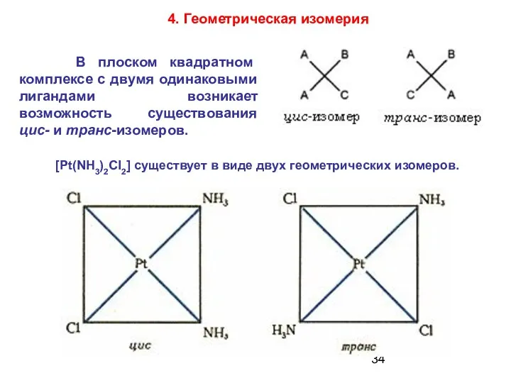 В плоском квадратном комплексе с двумя одинаковыми лигандами возникает возможность