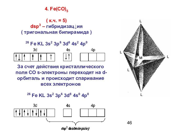 4. Fe(CO)5 ( к.ч. = 5) dsp3 – гибридизац↓ия (