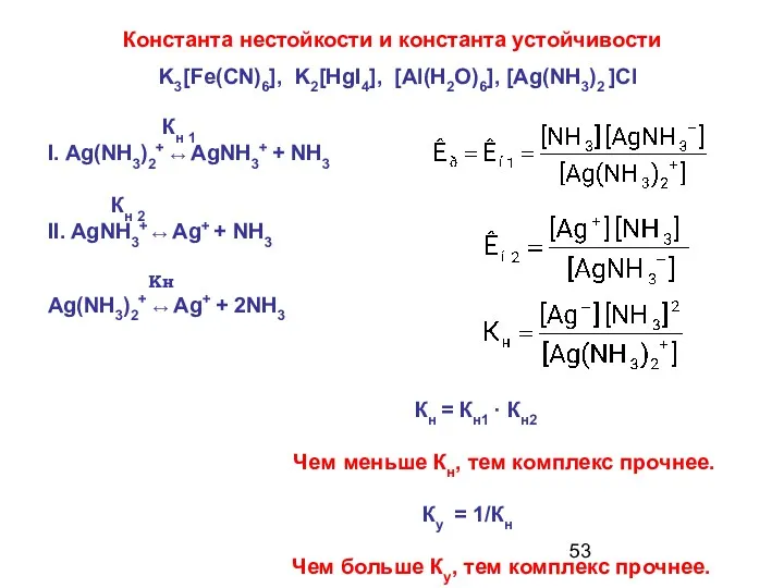 Константа нестойкости и константа устойчивости Кн 1 I. Ag(NH3)2+ ↔