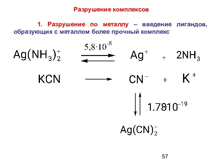 Разрушение комплексов 1. Разрушение по металлу – введение лигандов, образующих с металлом более прочный комплекс