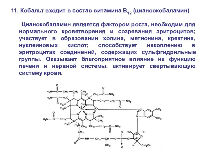 11. Кобальт входит в состав витамина B12 (цианоокобаламин) Цианокобаламин является