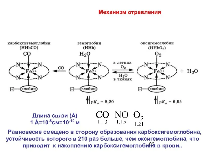 Равновесие смещено в сторону образования карбоксигемоглобина, устойчивость которого в 210