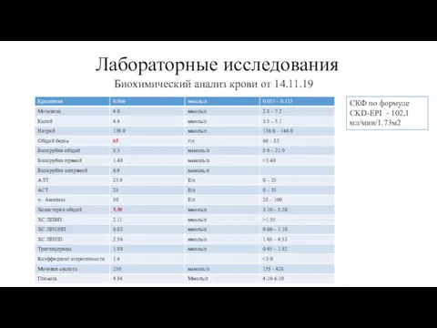 Лабораторные исследования Биохимический анализ крови от 14.11.19 СКФ по формуле CKD-EPI - 102,1 мл/мин/1.73м2