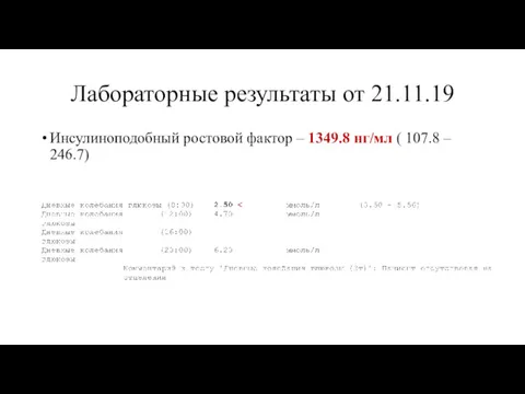 Лабораторные результаты от 21.11.19 Инсулиноподобный ростовой фактор – 1349.8 нг/мл ( 107.8 – 246.7)