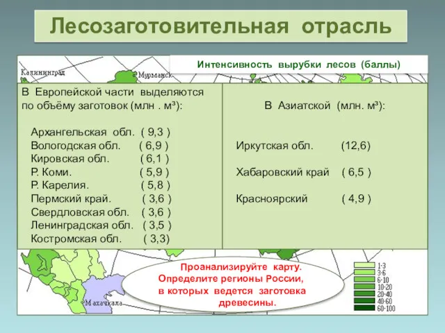 Интенсивность вырубки лесов (баллы) Проанализируйте карту. Определите регионы России, в которых ведется заготовка
