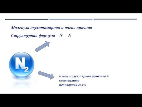 Молекула двухатомарная и очень прочная Структурная формула N N В