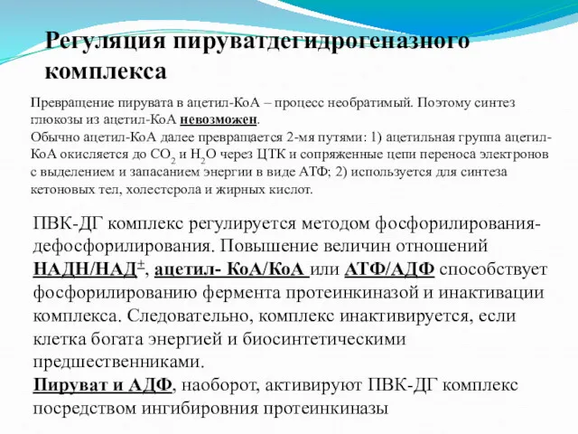 Регуляция пируватдегидрогеназного комплекса Превращение пирувата в ацетил-КоА – процесс необратимый.