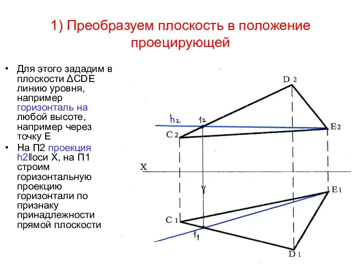 1) Преобразуем плоскость в положение проецирующей Для этого зададим в плоскости ΔСDЕ линию