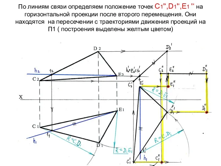 По линиям связи определяем положение точек С1'‘,D1'‘,Е1 '‘ на горизонтальной проекции после второго
