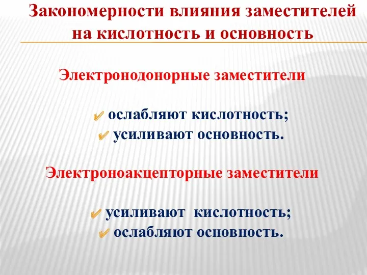 Закономерности влияния заместителей на кислотность и основность Электронодонорные заместители ослабляют