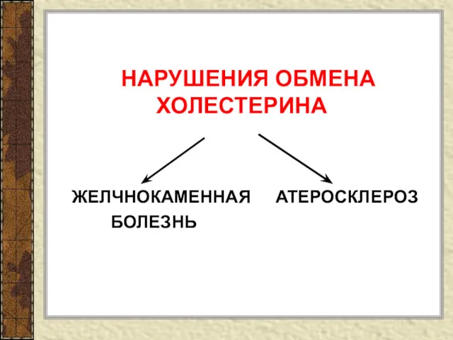 НАРУШЕНИЯ ОБМЕНА ХОЛЕСТЕРИНА ЖЕЛЧНОКАМЕННАЯ АТЕРОСКЛЕРОЗ БОЛЕЗНЬ