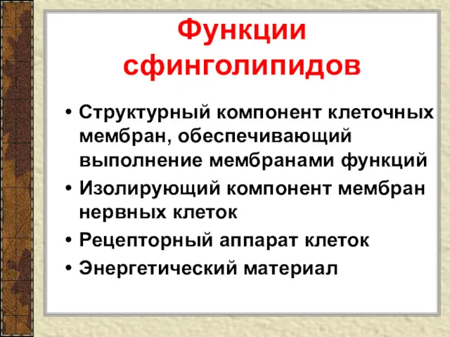 Функции сфинголипидов Структурный компонент клеточных мембран, обеспечивающий выполнение мембранами функций