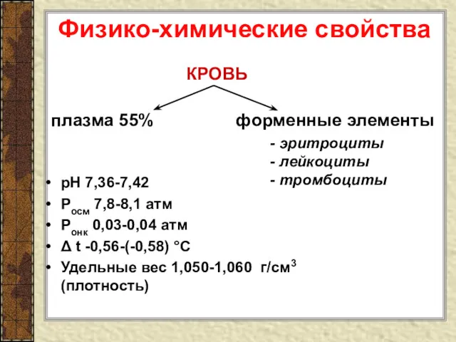 Физико-химические свойства рН 7,36-7,42 Росм 7,8-8,1 атм Ронк 0,03-0,04 атм