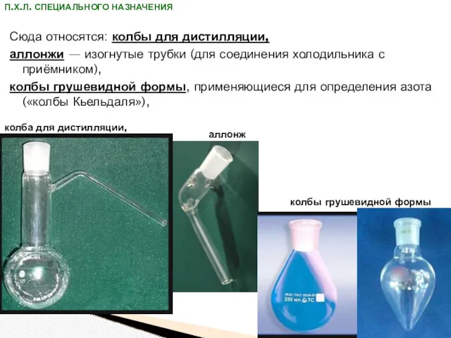 Сюда относятся: колбы для дистилляции, аллонжи — изогнутые трубки (для