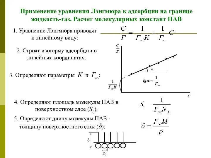 Применение уравнения Лэнгмюра к адсорбции на границе жидкость-газ. Расчет молекулярных