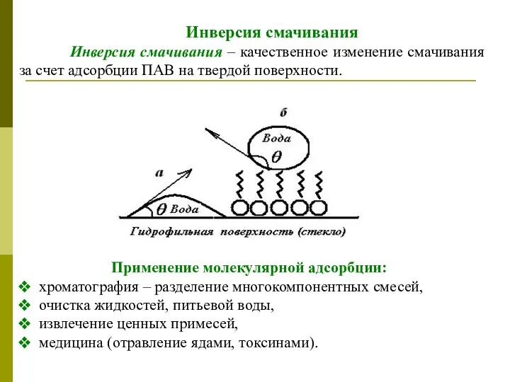 Инверсия смачивания Инверсия смачивания – качественное изменение смачивания за счет