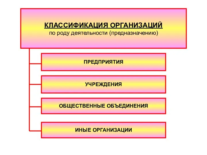 КЛАССИФИКАЦИЯ ОРГАНИЗАЦИЙ по роду деятельности (предназначению) ПРЕДПРИЯТИЯ УЧРЕЖДЕНИЯ ОБЩЕСТВЕННЫЕ ОБЪЕДИНЕНИЯ ИНЫЕ ОРГАНИЗАЦИИ