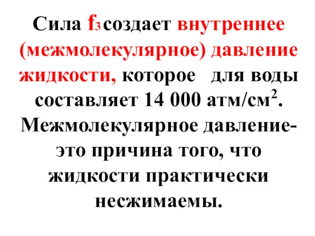 Сила f3 создает внутреннее (межмолекулярное) давление жидкости, которое для воды