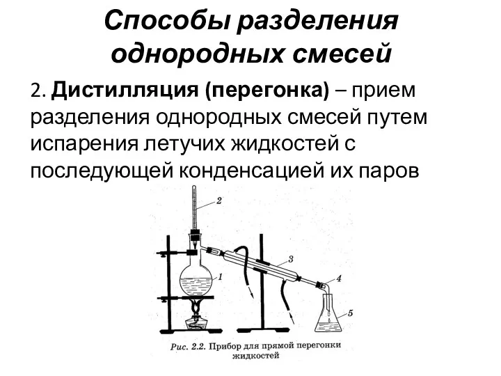 Способы разделения однородных смесей 2. Дистилляция (перегонка) – прием разделения