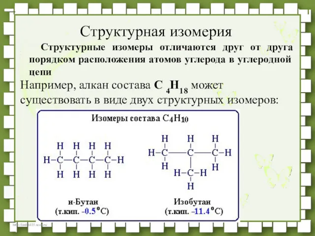 Структурные изомеры отличаются друг от друга порядком расположения атомов углерода