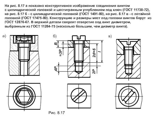 На рис. 8.17 а показано конструктивное изображение соединения винтом с цилиндрической головкой и