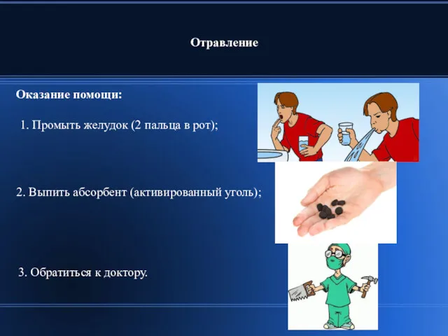 Отравление Оказание помощи: 2. Выпить абсорбент (активированный уголь); 1. Промыть