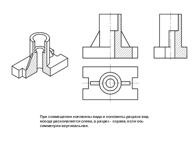 При совмещении половины вида и половины разреза вид всегда располагается