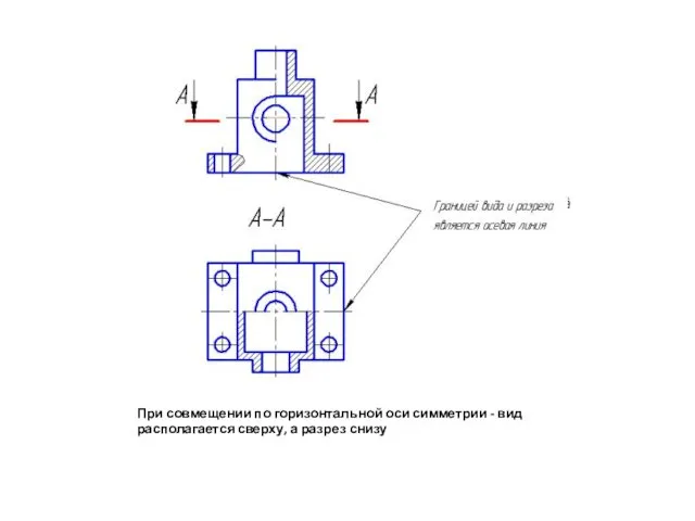 При совмещении по горизонтальной оси симметрии - вид располагается сверху, а разрез снизу